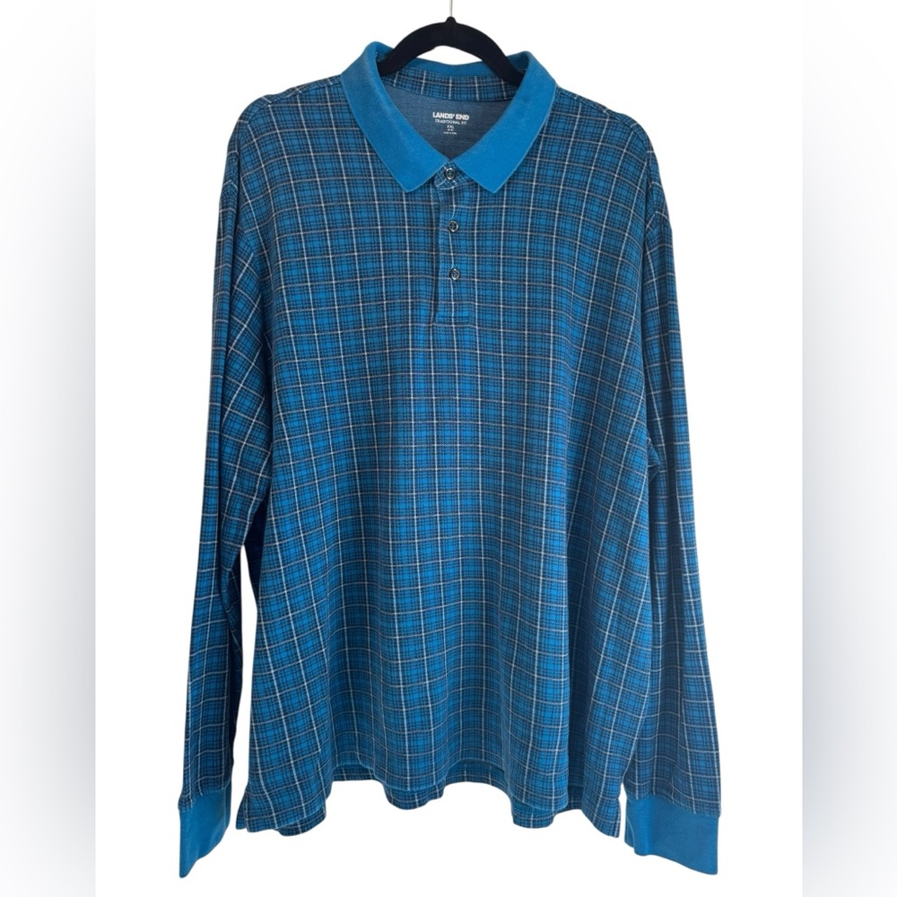 Blue‎ Plaid Long-Sleeve Polo Shirt